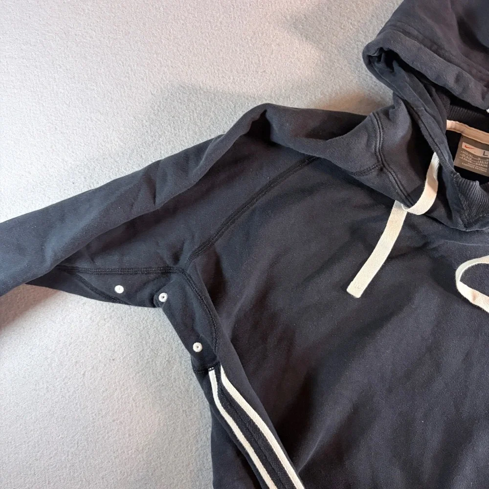 Nike Mens Black White Stripe Pullover Hoodie Swoosh Logo Size L Large